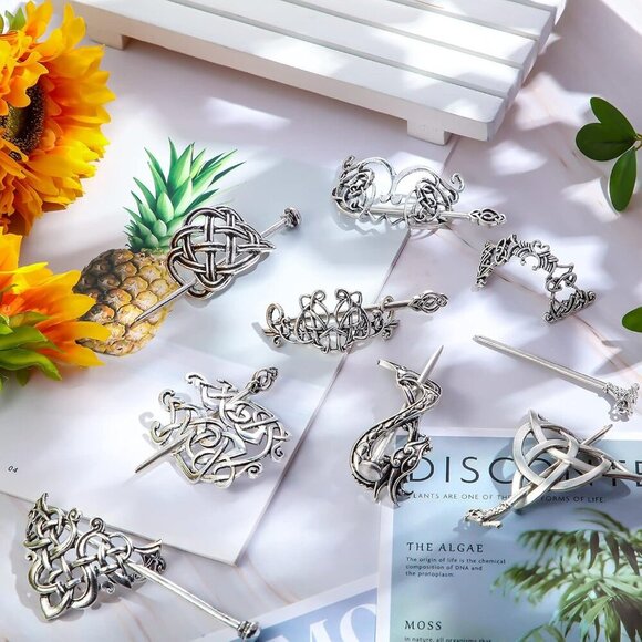 8 Pcs Celtic Hair Clips Vintage Knot Hair Sticks Retro Silver Metal Accessories - Picture 4 of 7